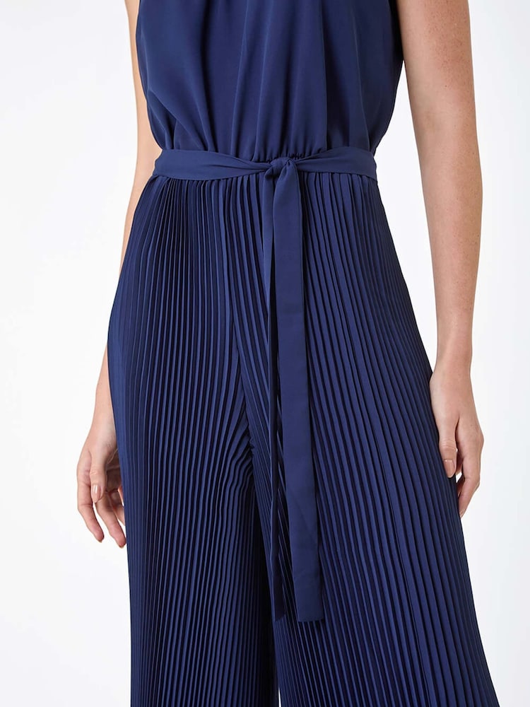 Roman Blue Plain Pleated Halter Neck Jumpsuit - Image 5 of 5