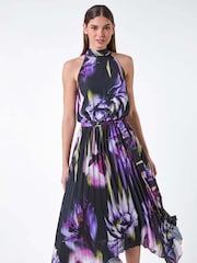 Roman Purple Floral Halter Neck Hanky Hem Midi Dress - Image 1 of 5