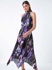 Roman Purple Floral Halter Neck Hanky Hem Midi Dress - Image 2 of 5