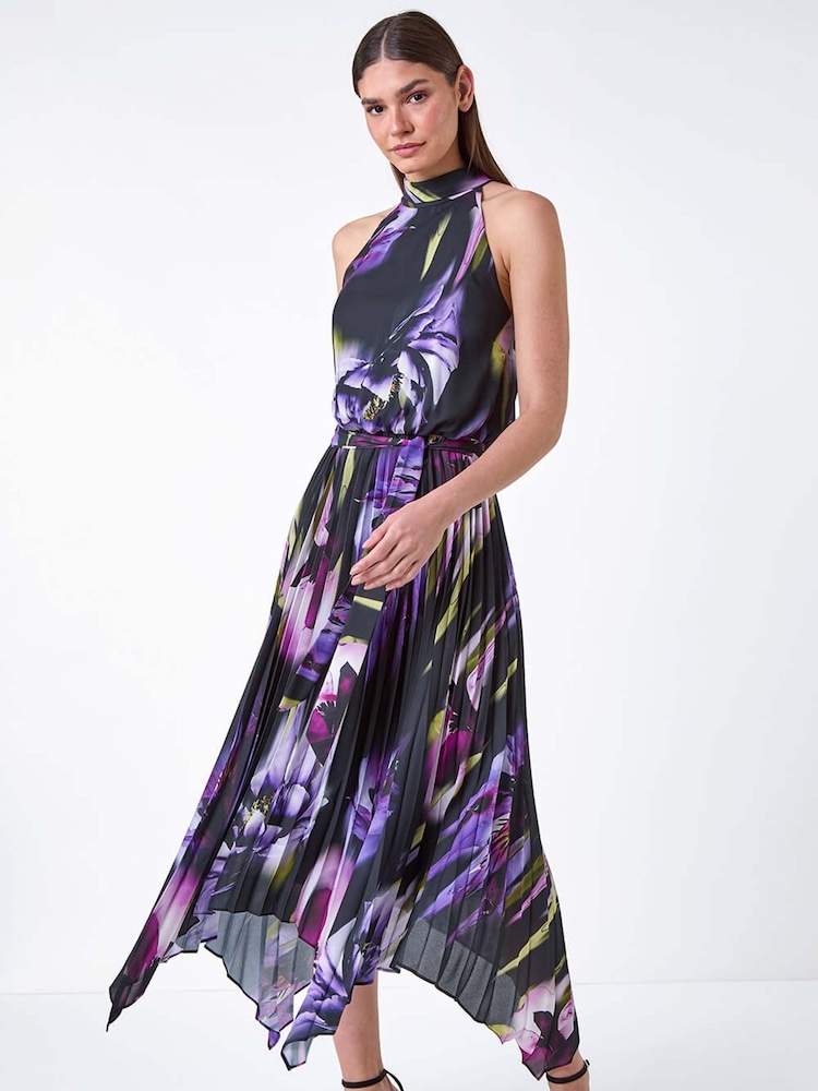 Roman Purple Floral Halter Neck Hanky Hem Midi Dress - Image 2 of 5
