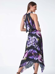 Roman Purple Floral Halter Neck Hanky Hem Midi Dress - Image 3 of 5