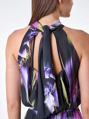 Roman Purple Floral Halter Neck Hanky Hem Midi Dress - Image 5 of 5