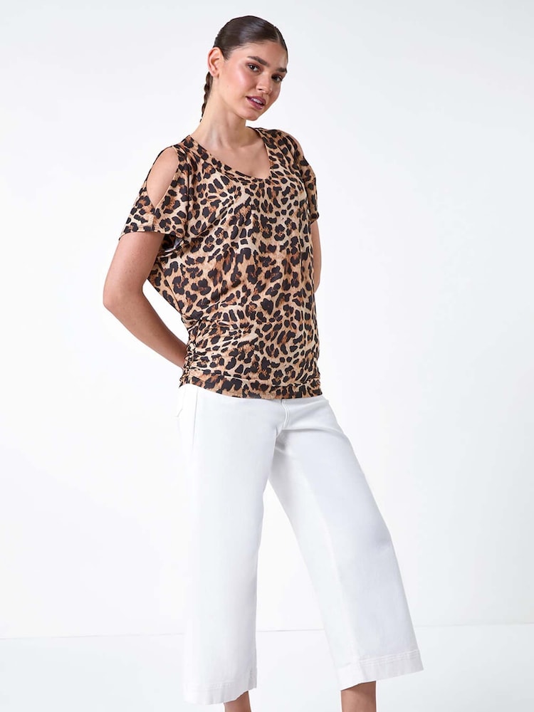 Roman Brown Animal Print Cold Shoulder Stretch Top - Image 2 of 5