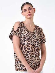 Roman Brown Animal Print Cold Shoulder Stretch Top - Image 4 of 5