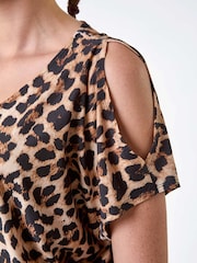 Roman Brown Animal Print Cold Shoulder Stretch Top - Image 5 of 5