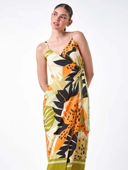 Roman Green Leaf Print Strappy Wrap Midi Dress - Image 1 of 5
