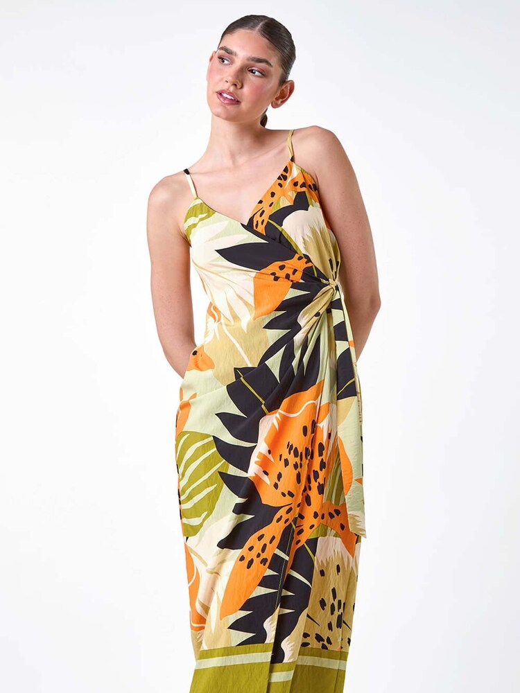 Roman Green Leaf Print Strappy Wrap Midi Dress - Image 1 of 5