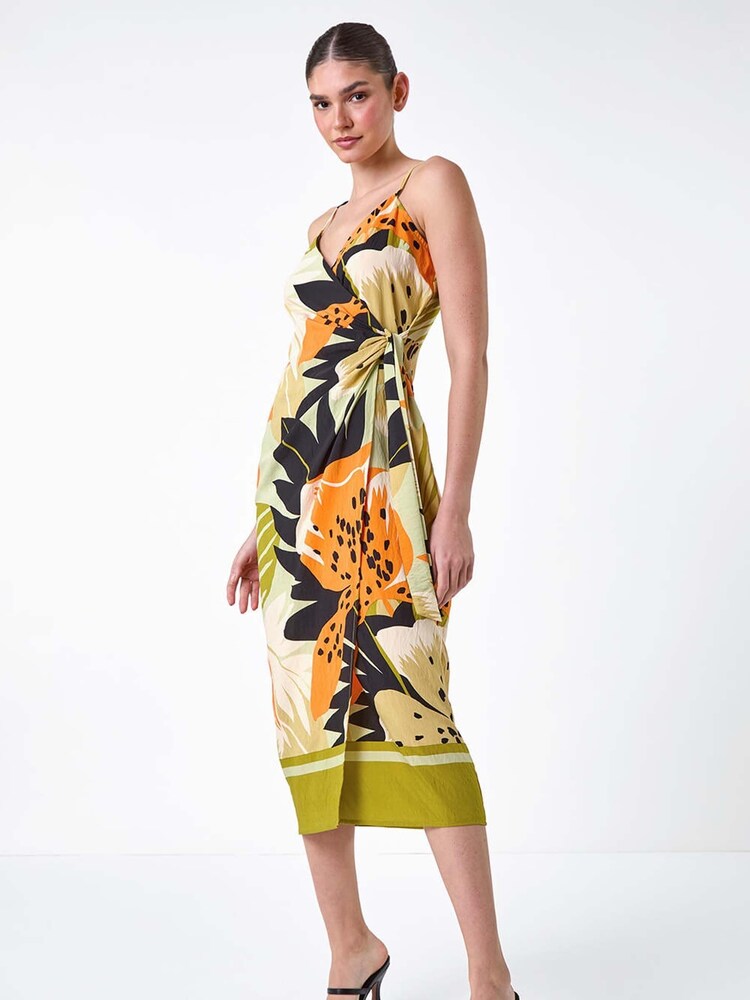 Roman Green Leaf Print Strappy Wrap Midi Dress - Image 2 of 5