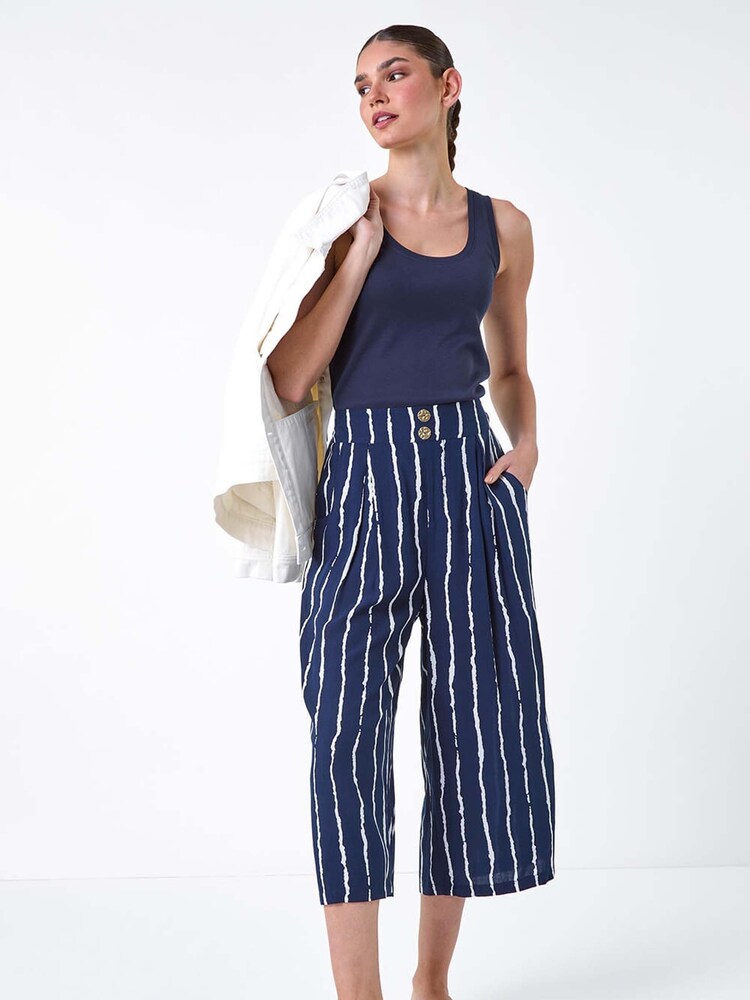 Roman Blue Stripe Print Button Detail Culotte Trousers - Image 1 of 5
