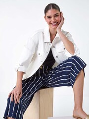 Roman Blue Stripe Print Button Detail Culotte Trousers - Image 2 of 5