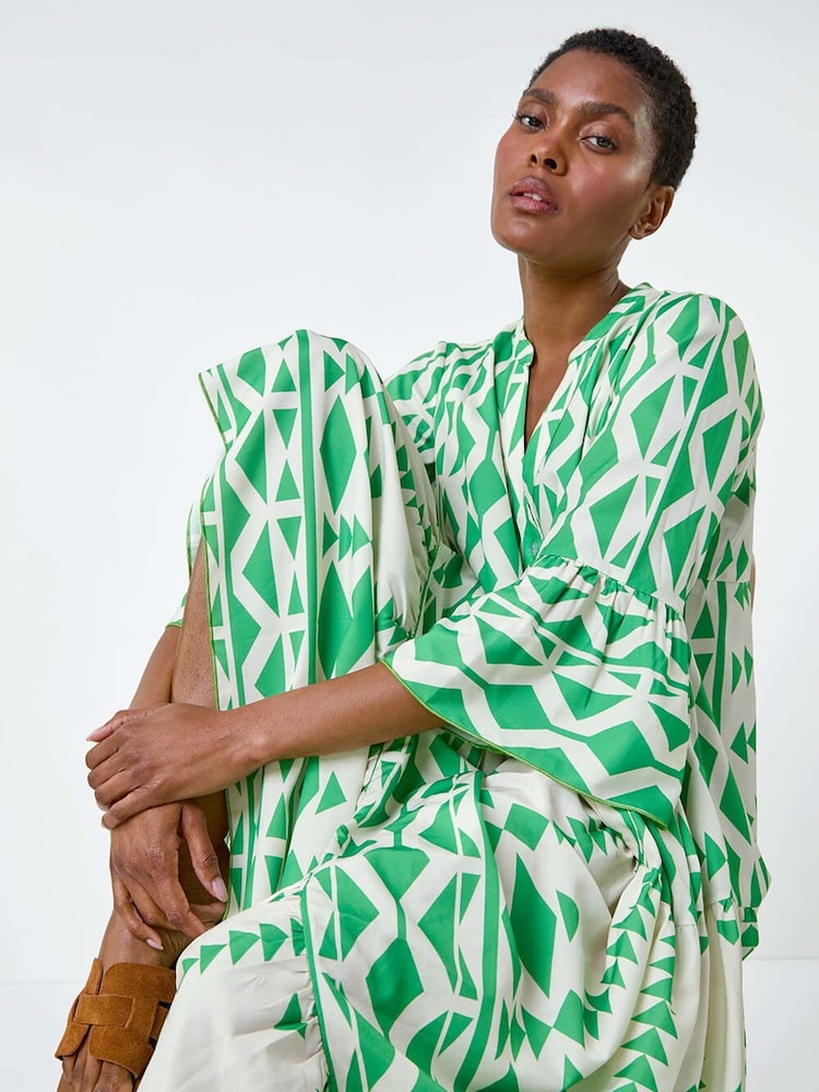 Roman Green Print Tiered Midi Smock Dress - Image 1 of 5