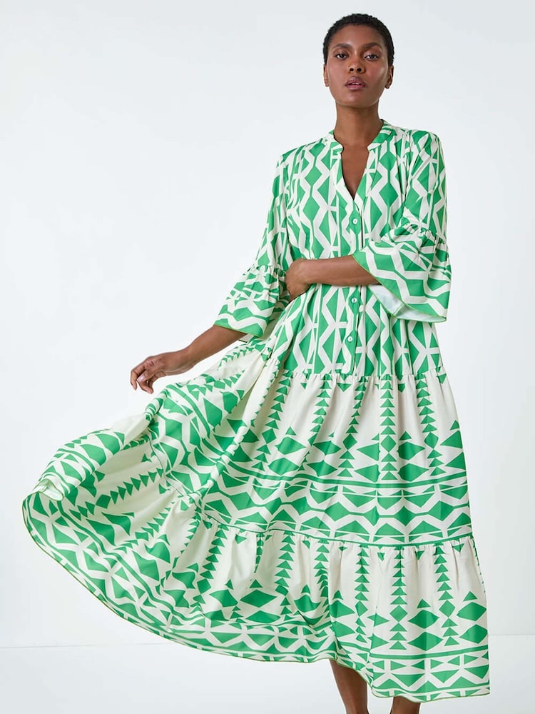 Roman Green Print Tiered Midi Smock Dress - Image 2 of 5