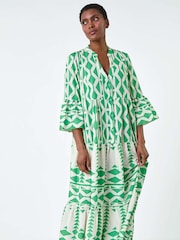 Roman Green Print Tiered Midi Smock Dress - Image 4 of 5