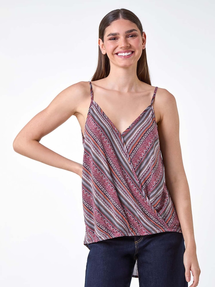Roman Purple Aztec Style Stripe Print Wrap Front Vest Top - Image 1 of 5