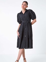 Roman Black Textured Puff Sleeve Midi Shirt Dress - Image 2 of 5