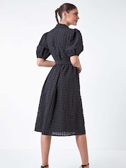 Roman Black Textured Puff Sleeve Midi Shirt Dress - Image 3 of 5