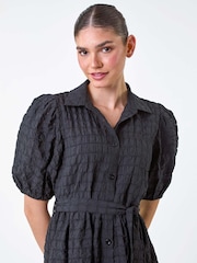 Roman Black Textured Puff Sleeve Midi Shirt Dress - Image 4 of 5