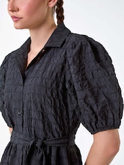 Roman Black Textured Puff Sleeve Midi Shirt Dress - Image 5 of 5