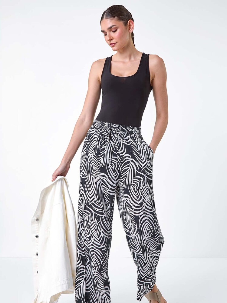 Roman Black Palm Leaf Print Pocket Trousers - Image 1 of 5