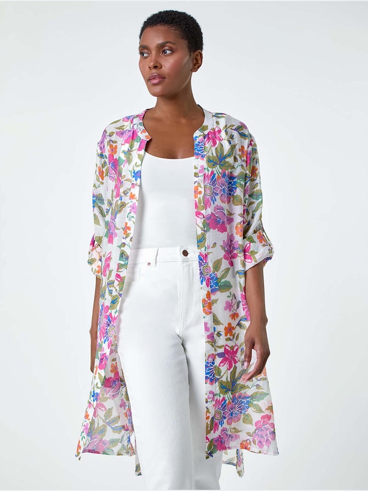 Roman Pink Floral Print Longline Shirt - Image 1 of 5