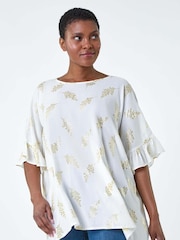 Roman White Metallic Foil Floral Button Back Top - Image 1 of 5
