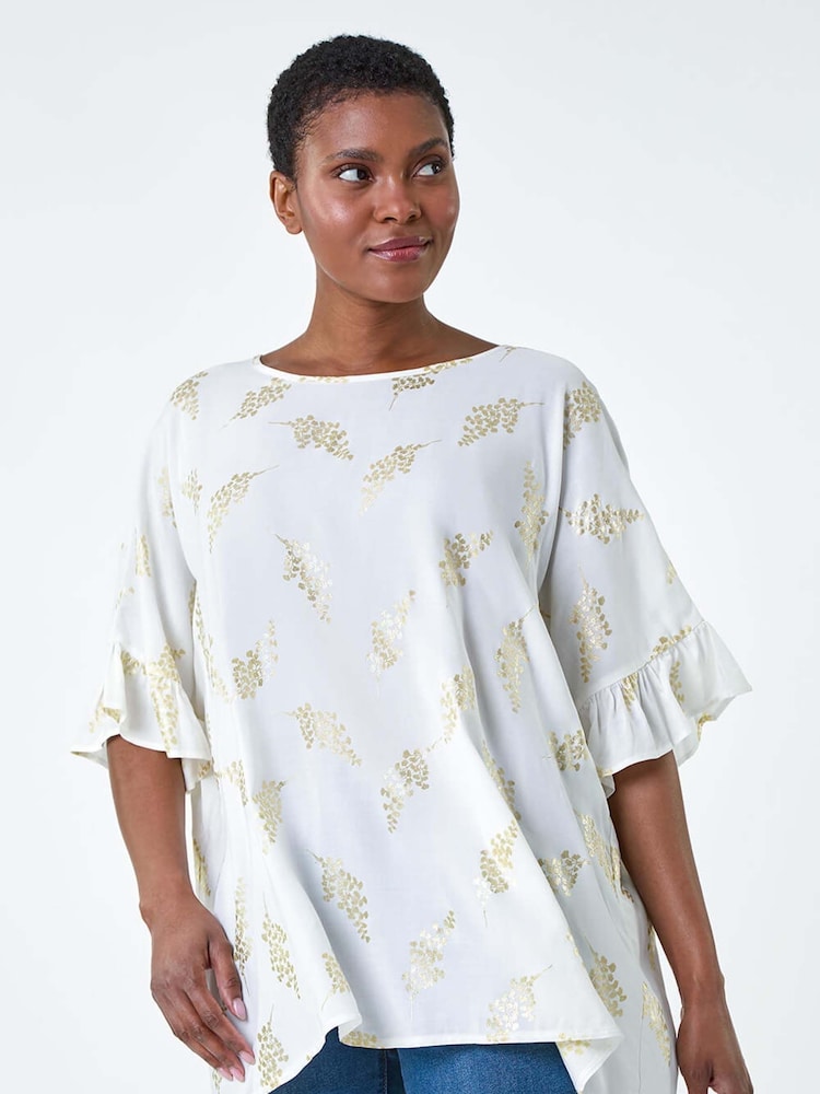 Roman White Metallic Foil Floral Button Back Top - Image 1 of 5