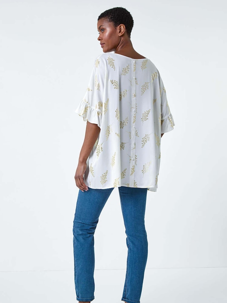 Roman White Metallic Foil Floral Button Back Top - Image 2 of 5