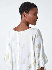 Roman White Metallic Foil Floral Button Back Top - Image 3 of 5