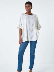 Roman White Metallic Foil Floral Button Back Top - Image 4 of 5