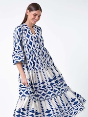 Roman Blue Geometric Print Tiered Midi Smock Dress - Image 1 of 5