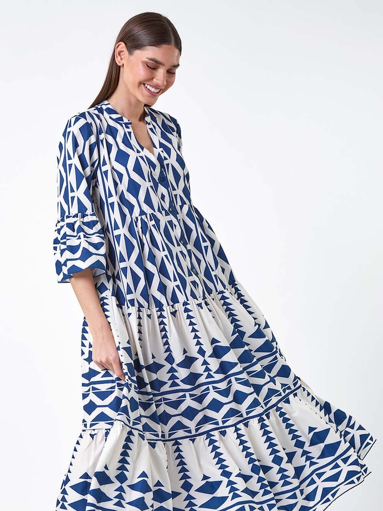 Roman Blue Geometric Print Tiered Midi Smock Dress - Image 1 of 5