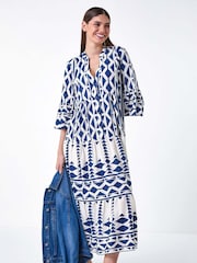 Roman Blue Geometric Print Tiered Midi Smock Dress - Image 2 of 5