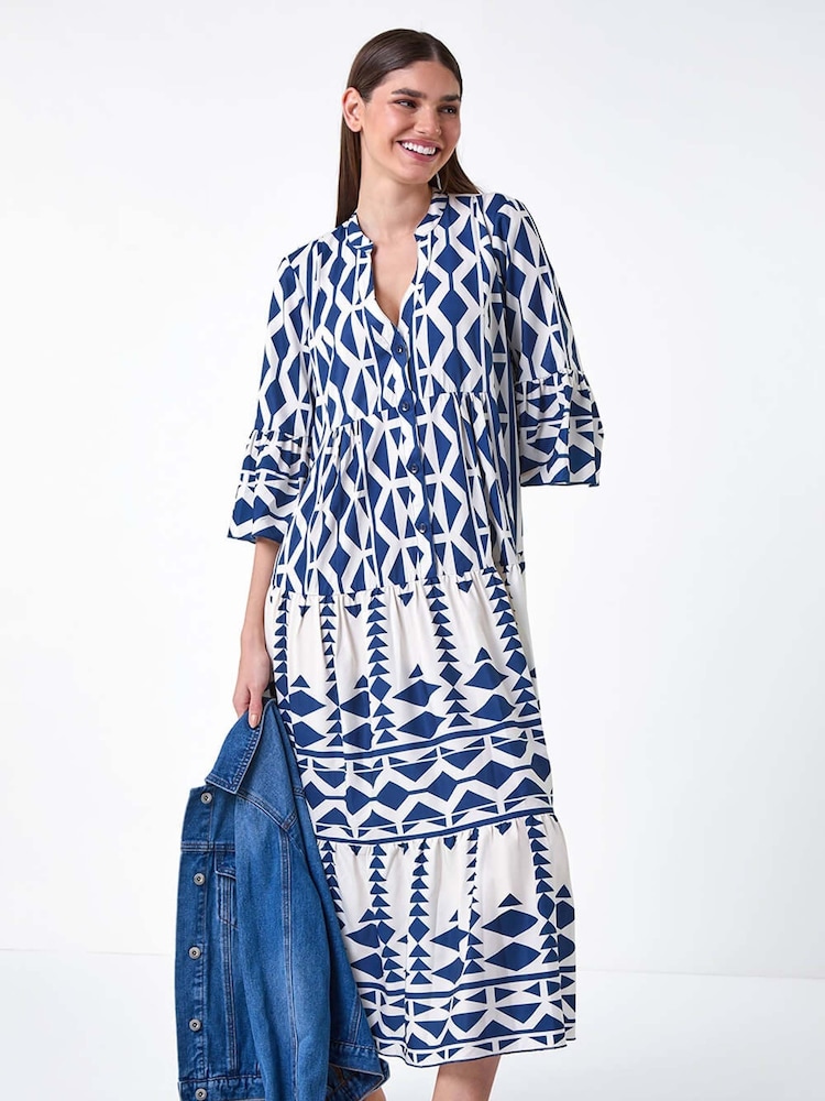 Roman Blue Geometric Print Tiered Midi Smock Dress - Image 2 of 5