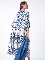 Roman Blue Geometric Print Tiered Midi Smock Dress - Image 3 of 5