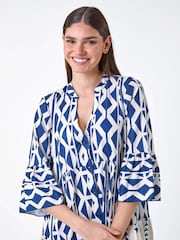 Roman Blue Geometric Print Tiered Midi Smock Dress - Image 4 of 5
