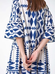 Roman Blue Geometric Print Tiered Midi Smock Dress - Image 5 of 5