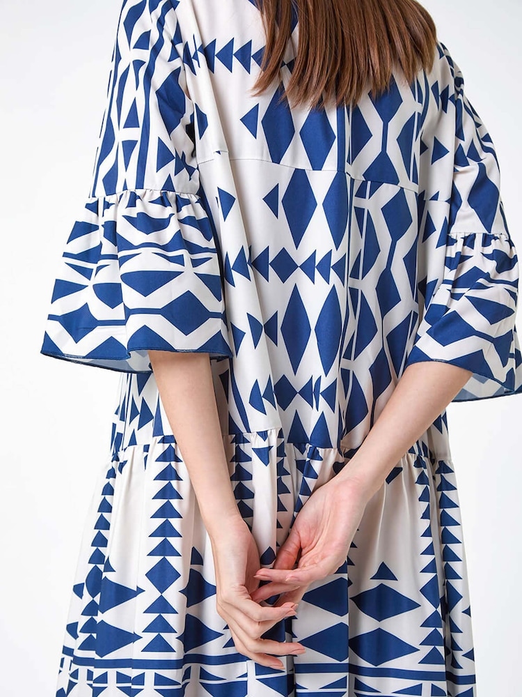 Roman Blue Geometric Print Tiered Midi Smock Dress - Image 5 of 5