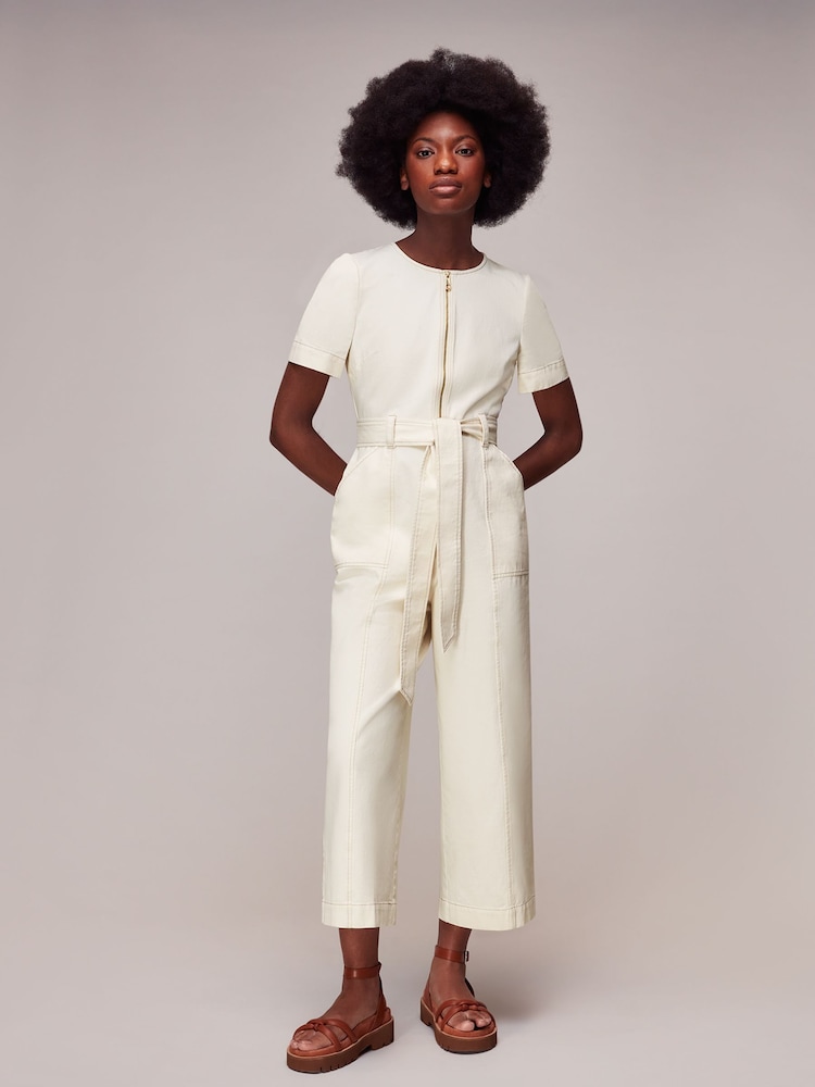 Whistles White Short Sleeve Denim 100% Cotton Jumpsuit - Image 1 of 5 Whistles White Short Sleeve Denim 100% Cotton Jumpsuit - Image 1 of 5