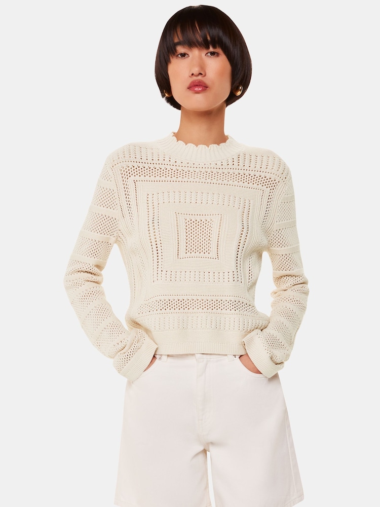 Whistles White Crochet Detail Knit 100% Cotton Jumper - Image 1 of 5