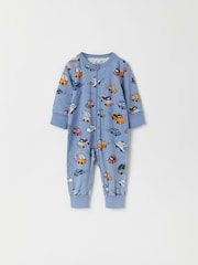Polarn O. Pyret Blue Organic Cotton Car Print Sleepsuit - Image 1 of 4