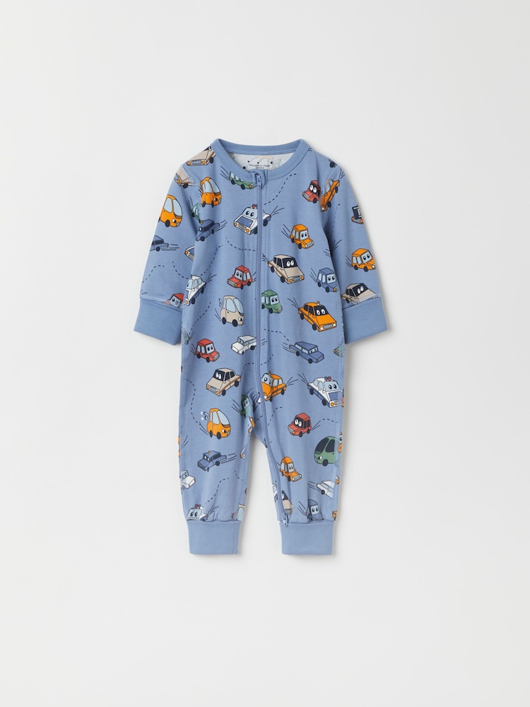 Polarn O. Pyret Blue Organic Cotton Car Print Sleepsuit - Image 1 of 4