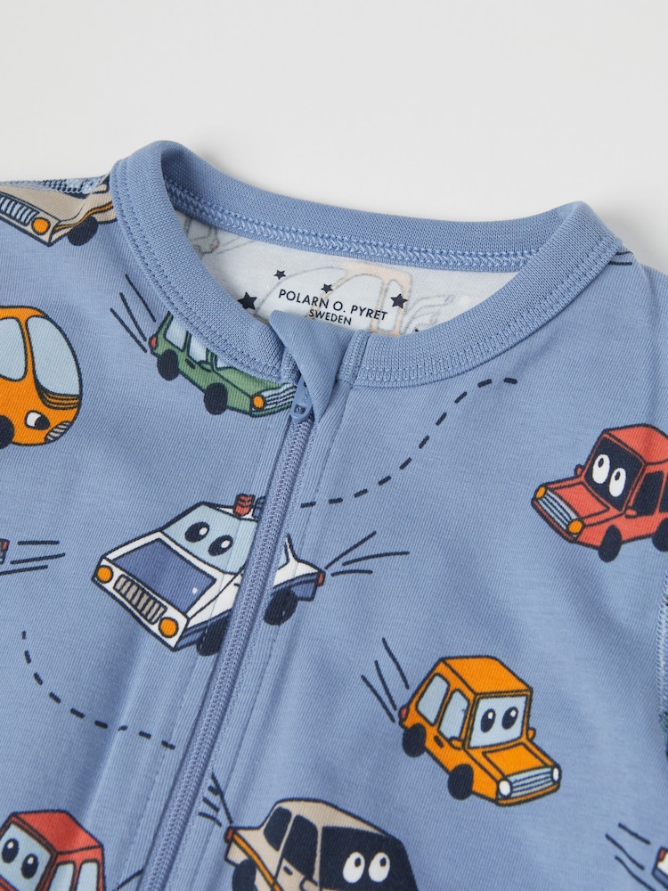 Polarn O. Pyret Blue Organic Cotton Car Print Sleepsuit - Image 2 of 4