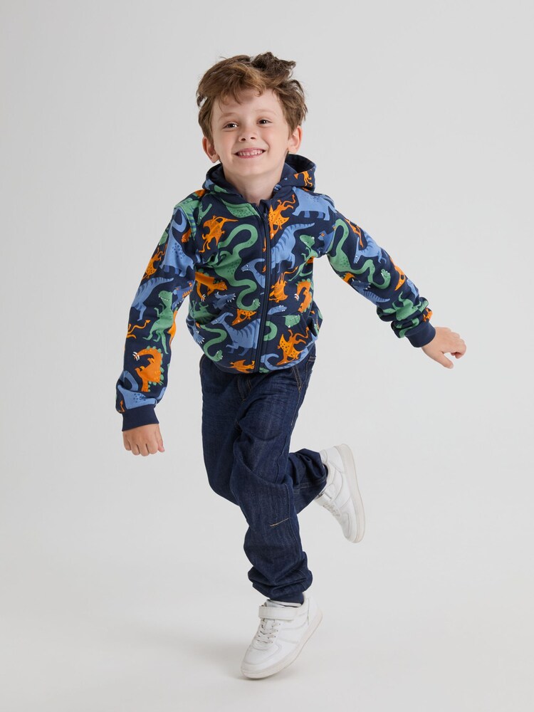 Polarn O. Pyret Blue Organic Cotton Dinosaur Print Hoodie - Image 1 of 5