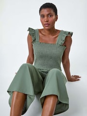 Roman Green Cotton Linen Blend Frill Jumpsuit - Image 1 of 5