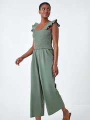 Roman Green Cotton Linen Blend Frill Jumpsuit - Image 2 of 5