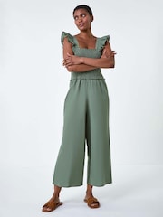 Roman Green Cotton Linen Blend Frill Jumpsuit - Image 4 of 5