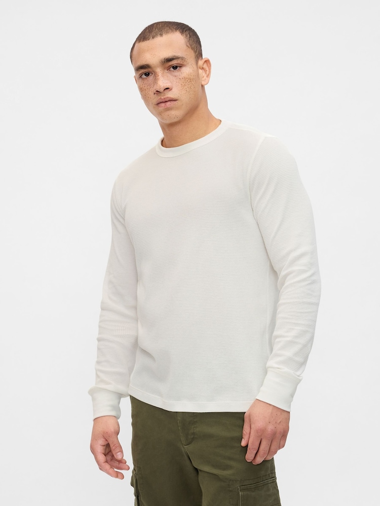 Gap White Textured Waffle Knit Long Sleeve Crew Neck T-Shirt - Image 1 of 3