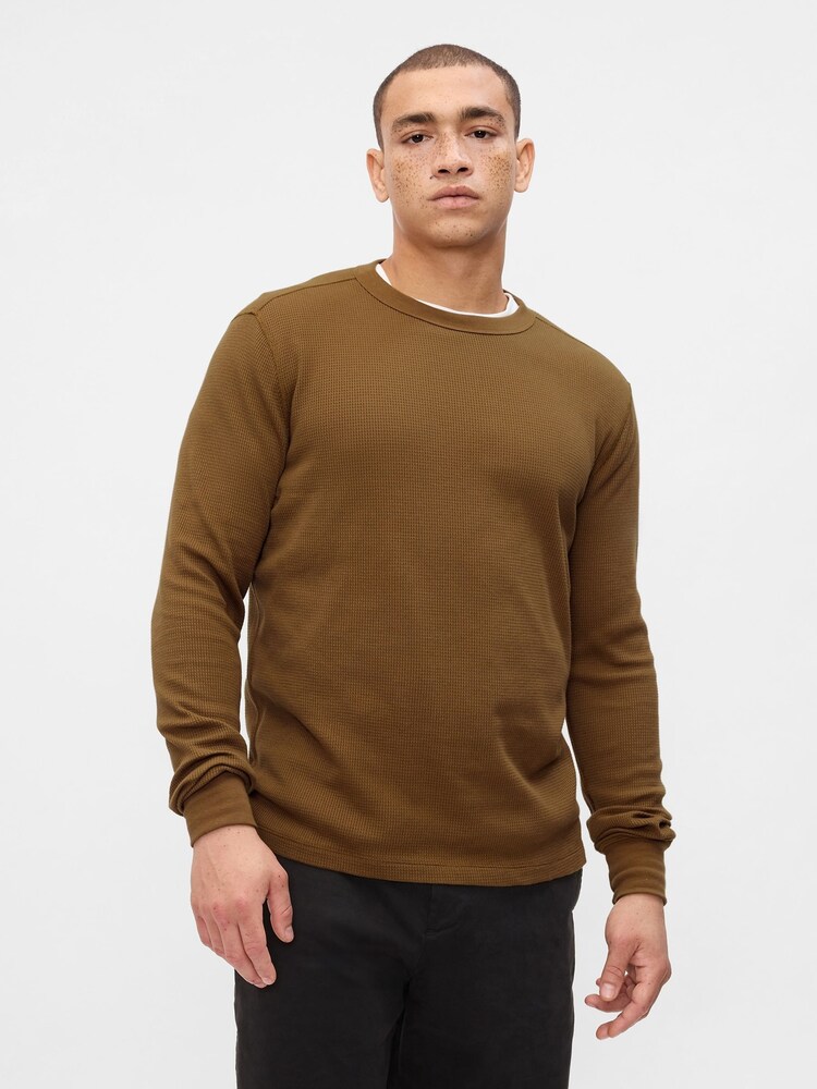 Gap Brown Textured Waffle Knit Long Sleeve Crew Neck T-Shirt - Image 4 of 4
