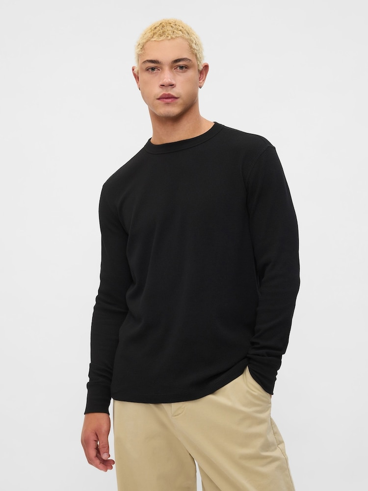 Gap Black Textured Waffle Knit Long Sleeve Crew Neck T-Shirt - Image 1 of 4