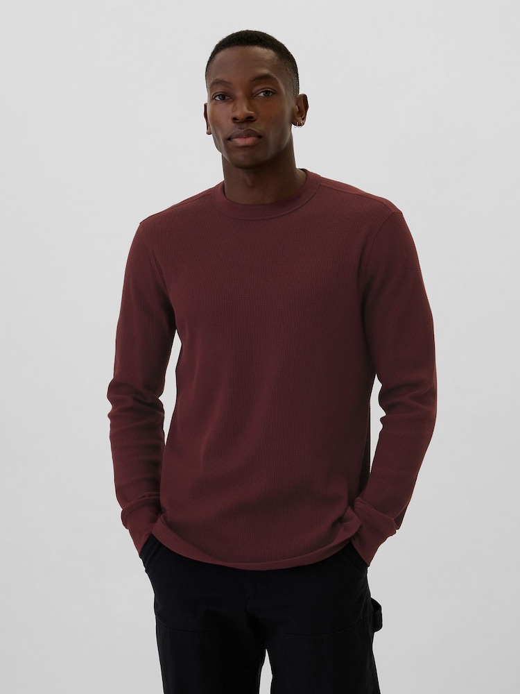 Gap Burgundy Red Textured Waffle Knit Long Sleeve Crew Neck T-Shirt - Image 1 of 4